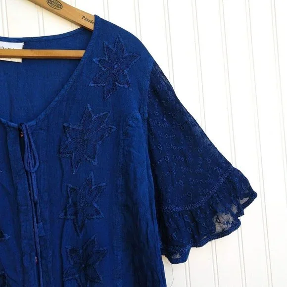 Holy Clothing Rachelle Tunic Top Size XL 1X Blue Ruffle Embroidered Tassels - Picture 4 of 11